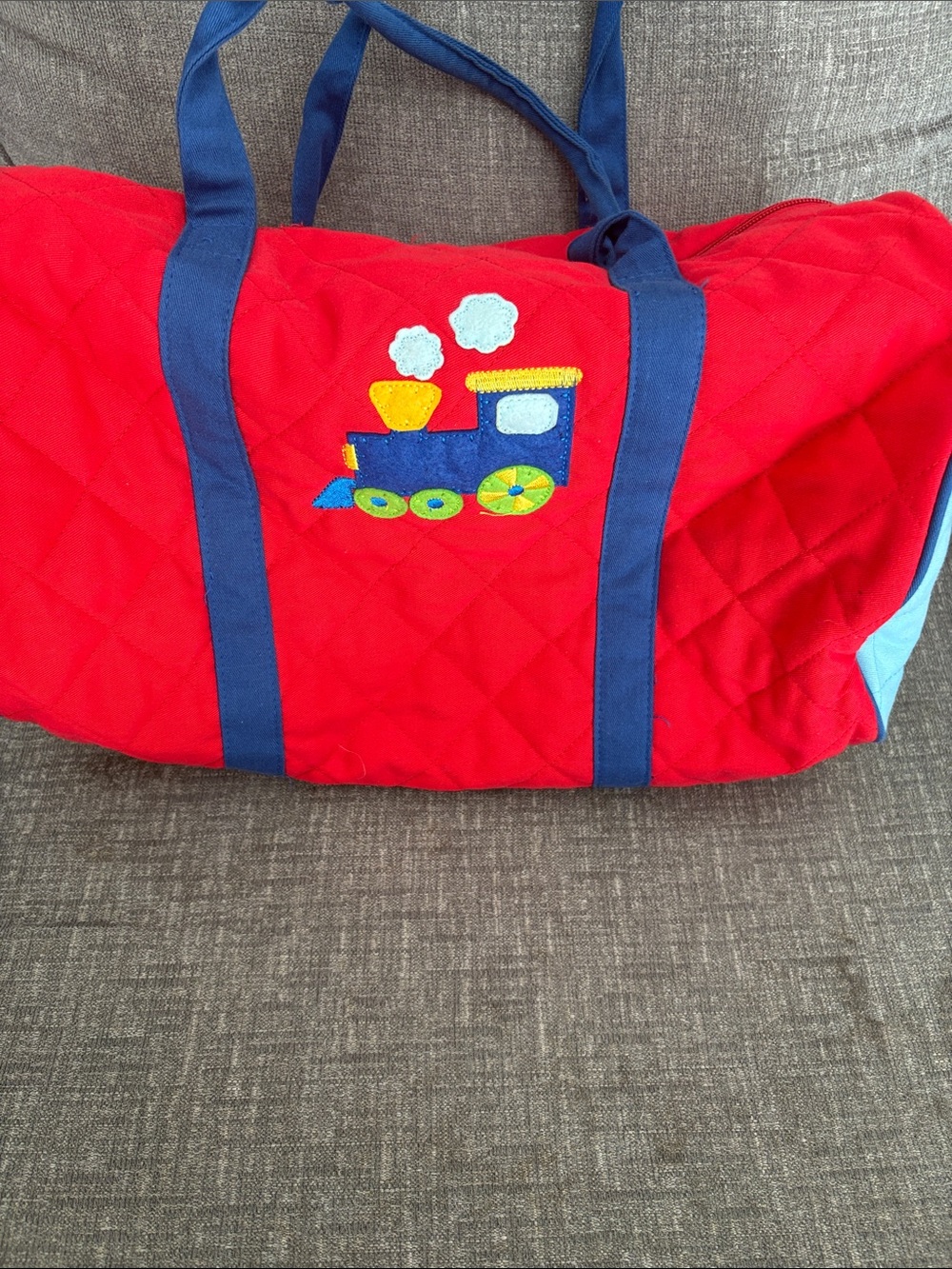 Kids Red Quilted Train Duffle Bag with Blue Straps